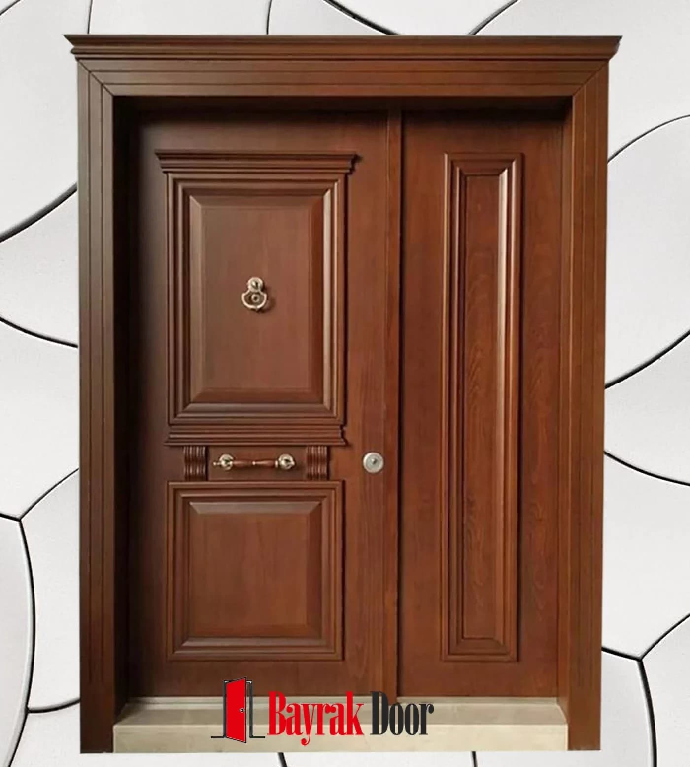 Büyük Kaset Ceviz Villa Kapısı BD-TR46 — Ceviz büyük kaset panelli kanat, yanında dar kavisli sabit kanat