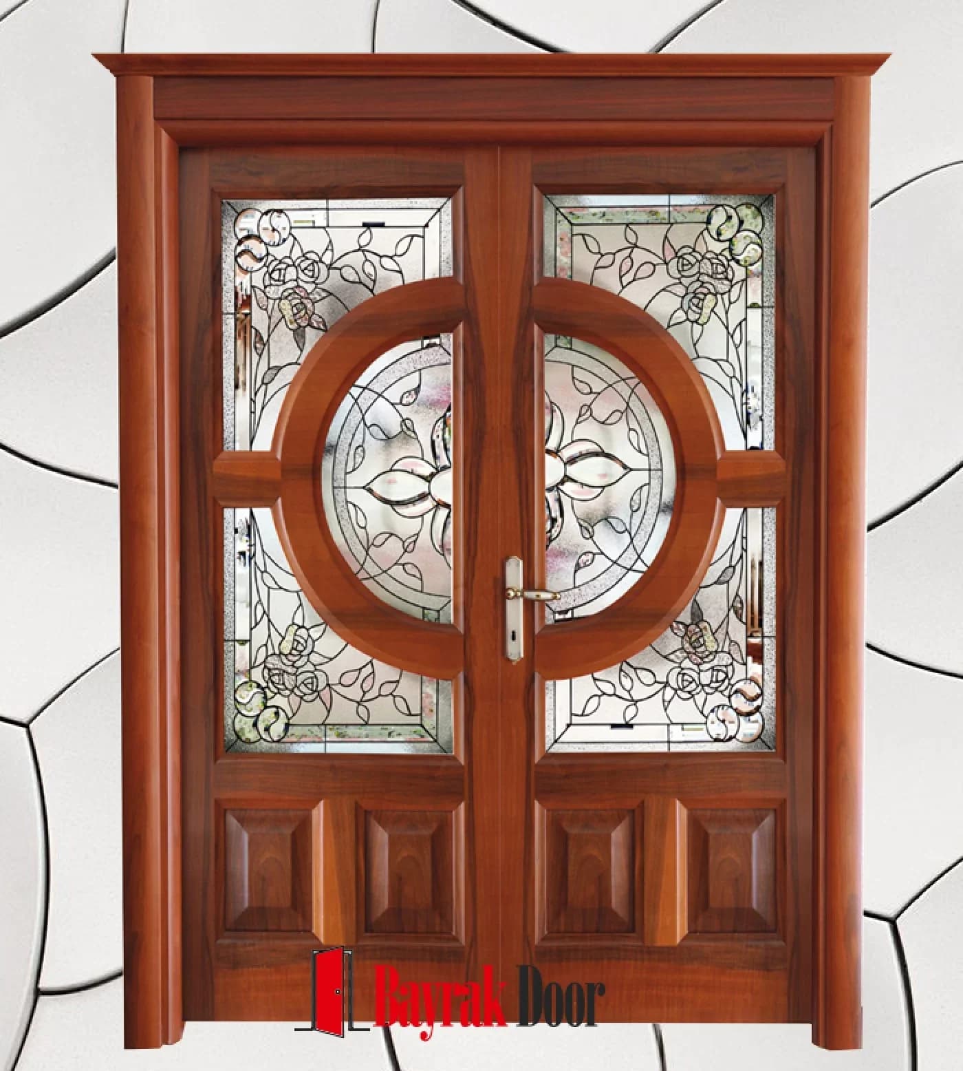 Çember Kızıl Ceviz Villa Kapısı BD-TR12 — Çiçek desenli kurşun kaplama vitray ve iki kanadı saran çember kompozisyonu