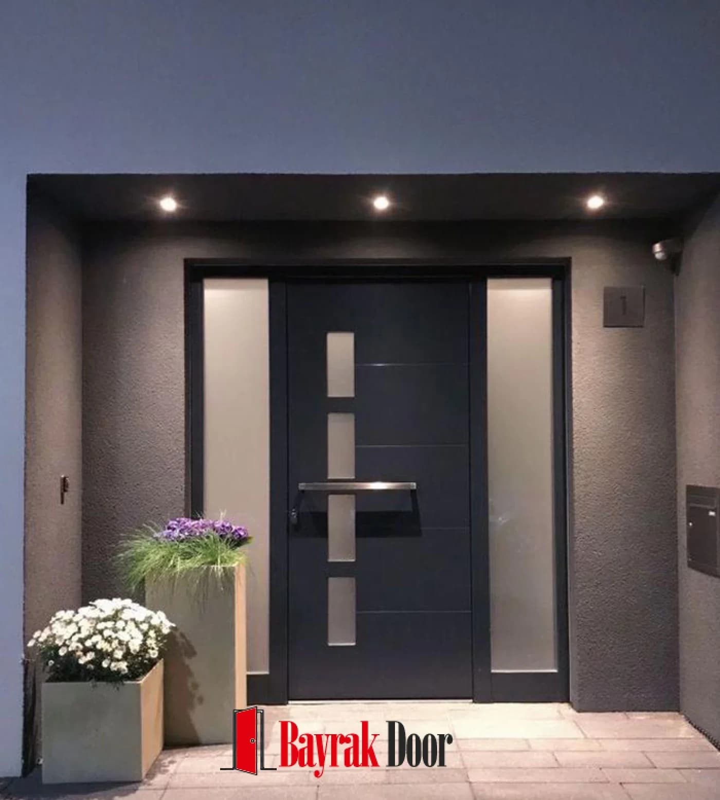 Dikdörtgen Paslanmaz Antrasit Gri Villa Kapısı BD-TR89 — Antrasit yüzeye serpiştirilmiş dikdörtgen paslanmaz plakalar