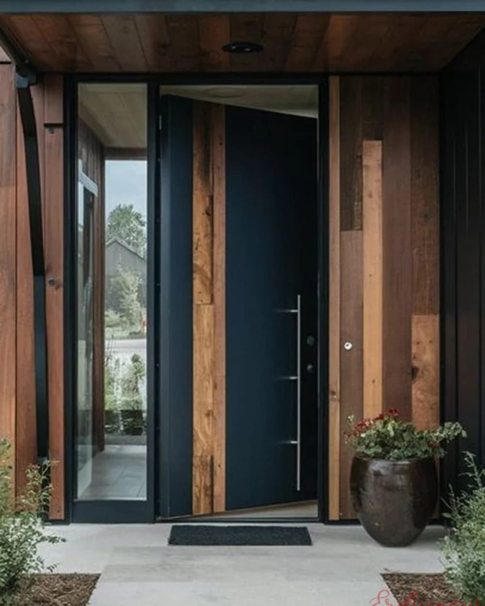 Anthracite and Walnut Two-Tone Pivot Door with Sidelight — product code BY-329