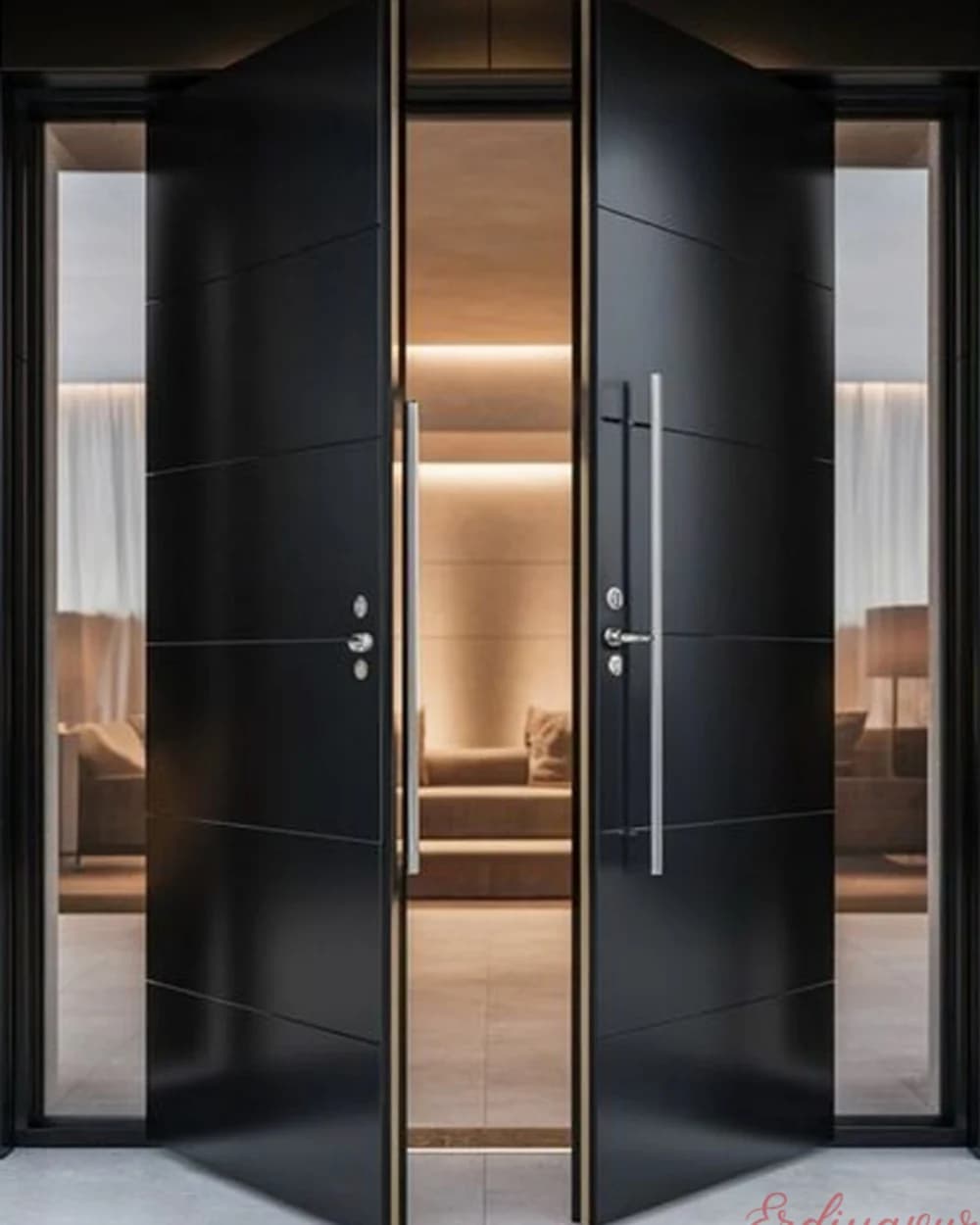 Black Double Leaf Pivot Door at a Lit Entrance — product code BY-263