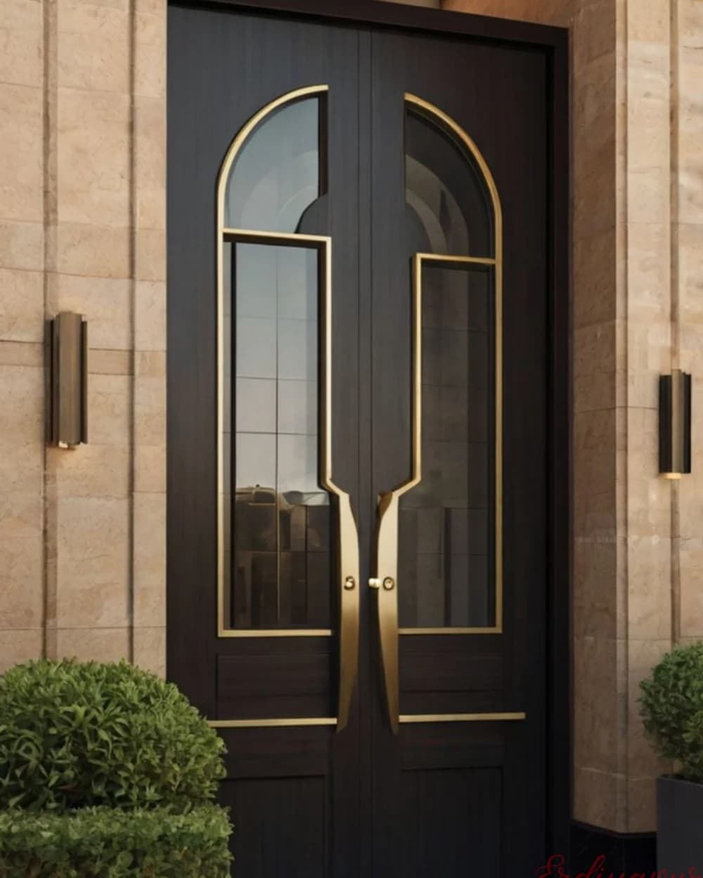 Black Double-Leaf Pivot Door with Arched Glass and Gold Handles — product code BY-72