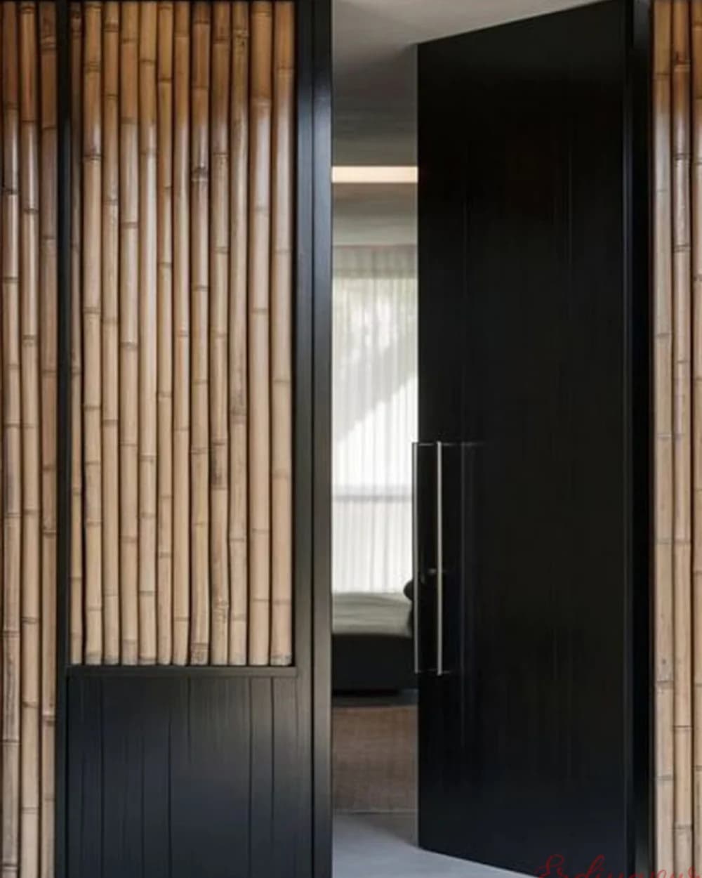 Black Pivot Door on a Wood-Slatted Facade — product code BY-292