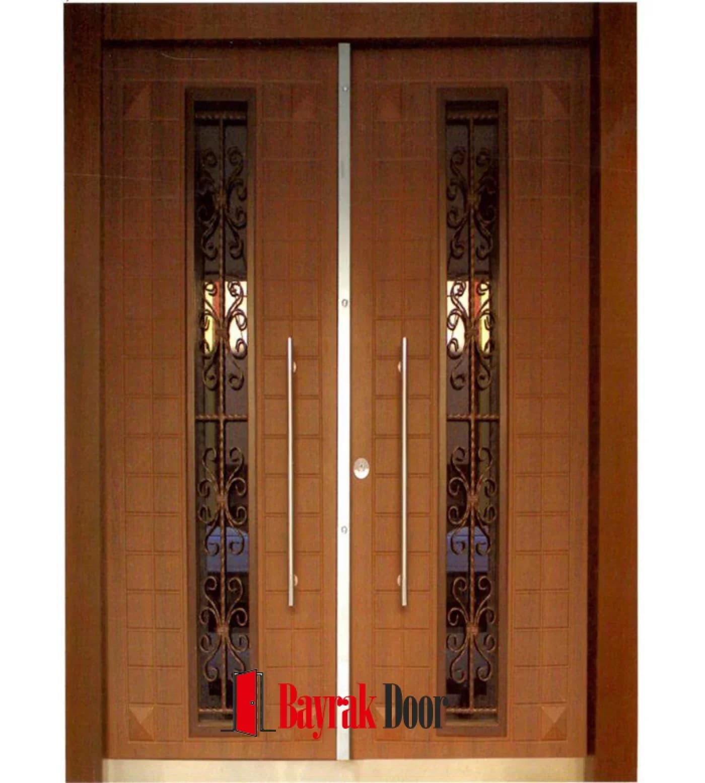Bronze Scroll Honey-Toned Wood Building Entrance Door TR508 — Bronze-toned wrought iron vertical glass panels on a honey-toned body
