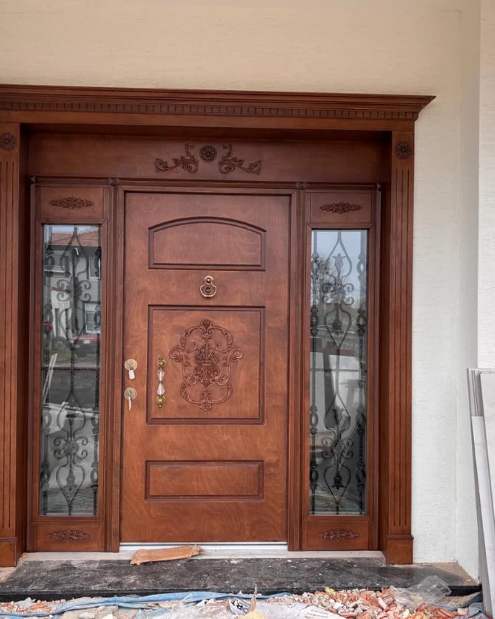 Classic Dark Walnut Pivot Door with Carved Arch — product code BY-112