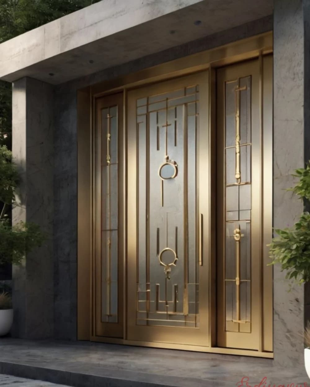 Carved Gold Wooden Double-Leaf Pivot Door — product code BY-57