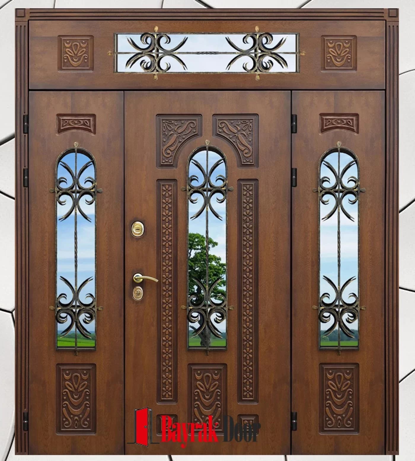 Carved Wood Dark Walnut Villa Door BD-TR10 — Dark walnut double leaf with arched wrought iron glass and carved wood reliefs