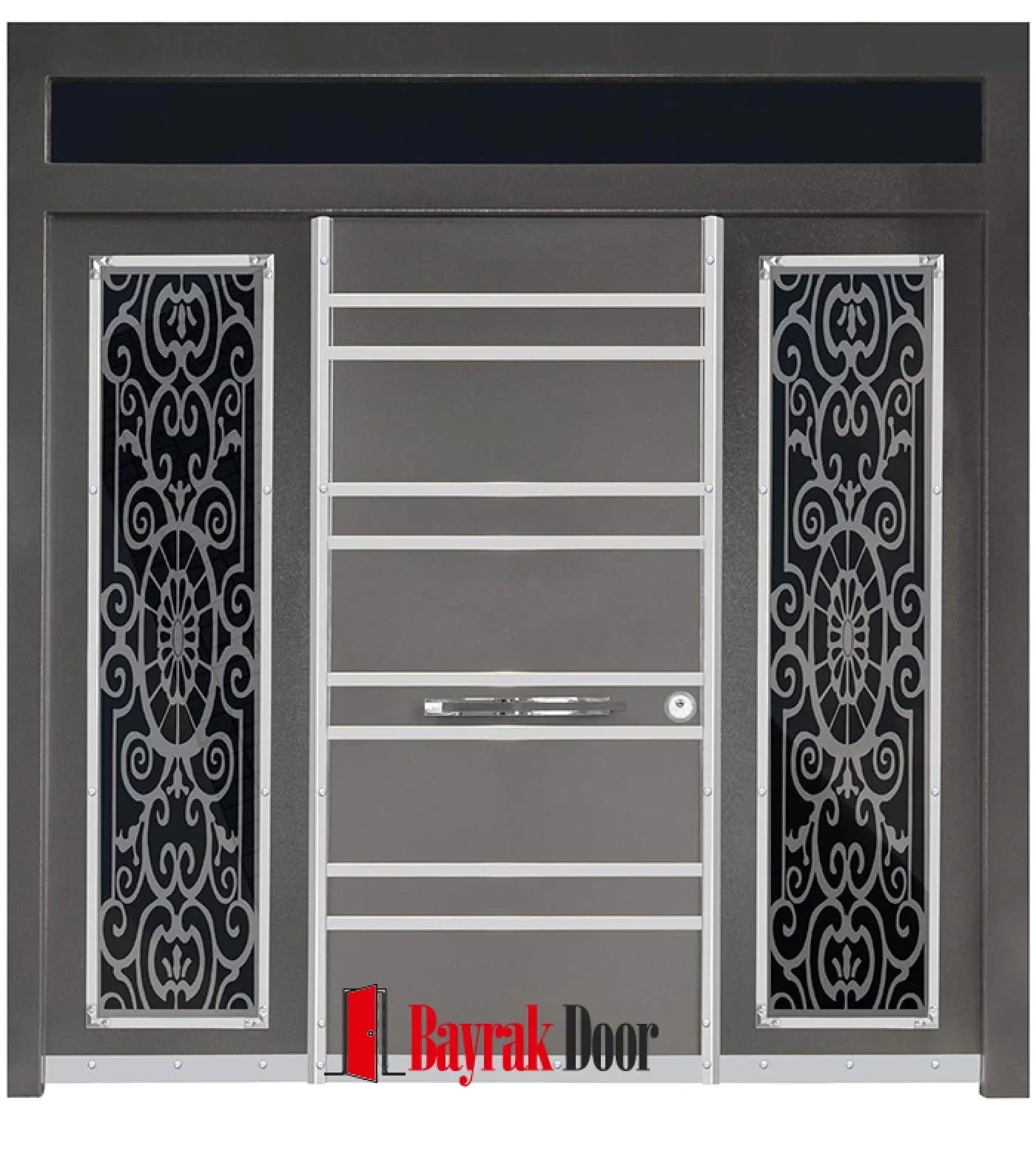 Centre-Leaf Anthracite Grey Building Entrance Door TR500 — Silver wrought-iron side panels with black glass on an anthracite grey body, with a horizontal stainless pull bar.