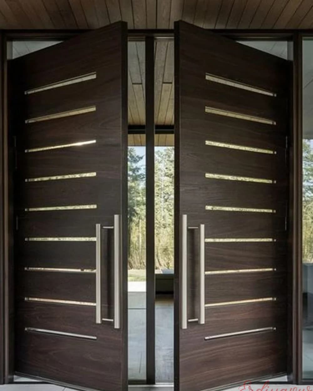 Dark Walnut Double Leaf Pivot Villa Door with Chrome Strips — product code BY-270