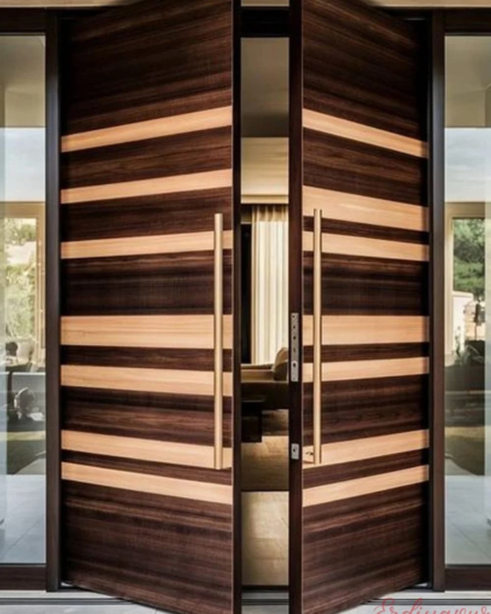 Red Walnut Double Leaf Pivot Villa Door with Chrome Strips — product code BY-298