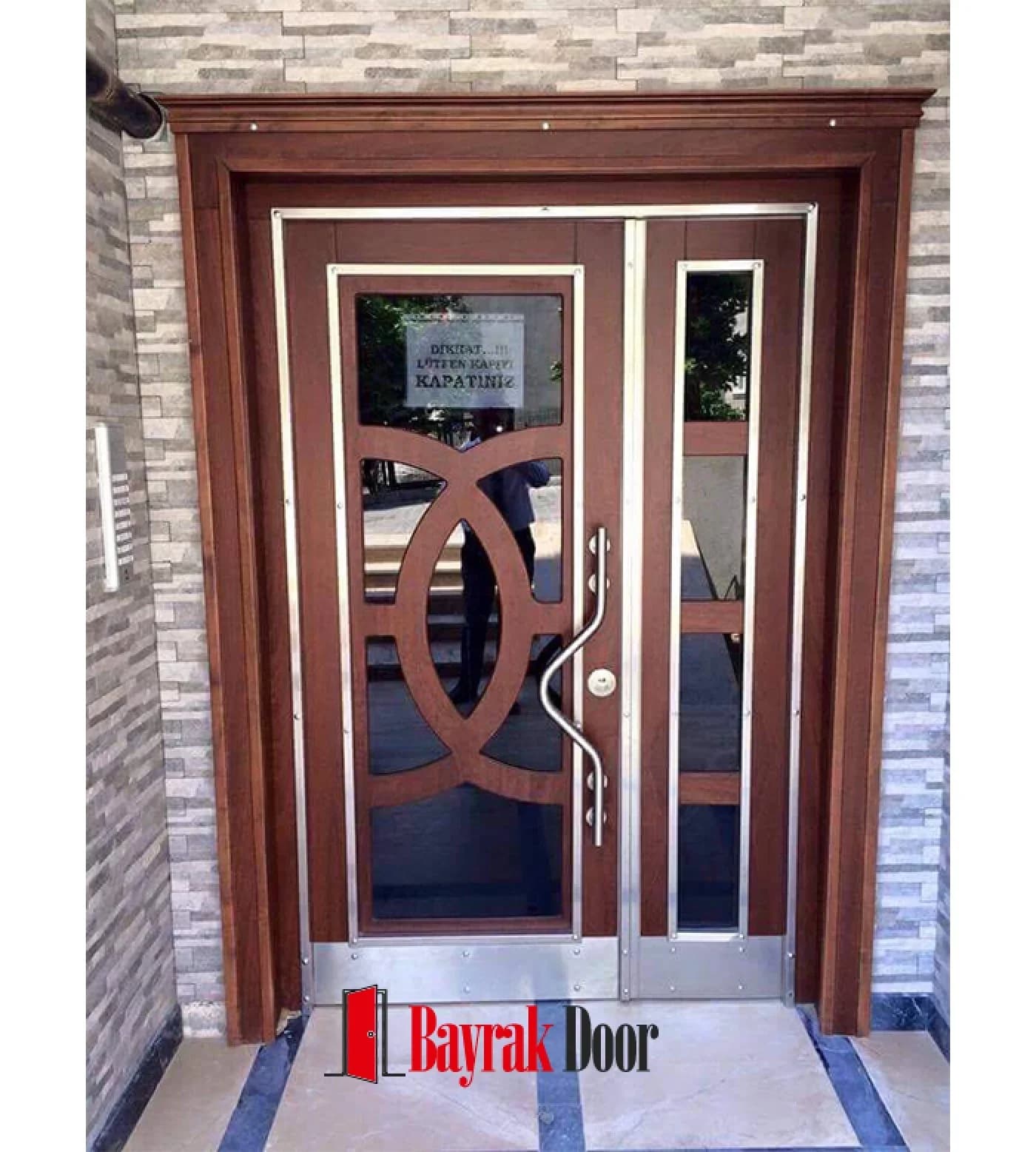 Circle and Ellipse Red-Brown Building Entrance Door TR512 — Wood inlay forming nested circle and ellipse geometry on a red-brown body