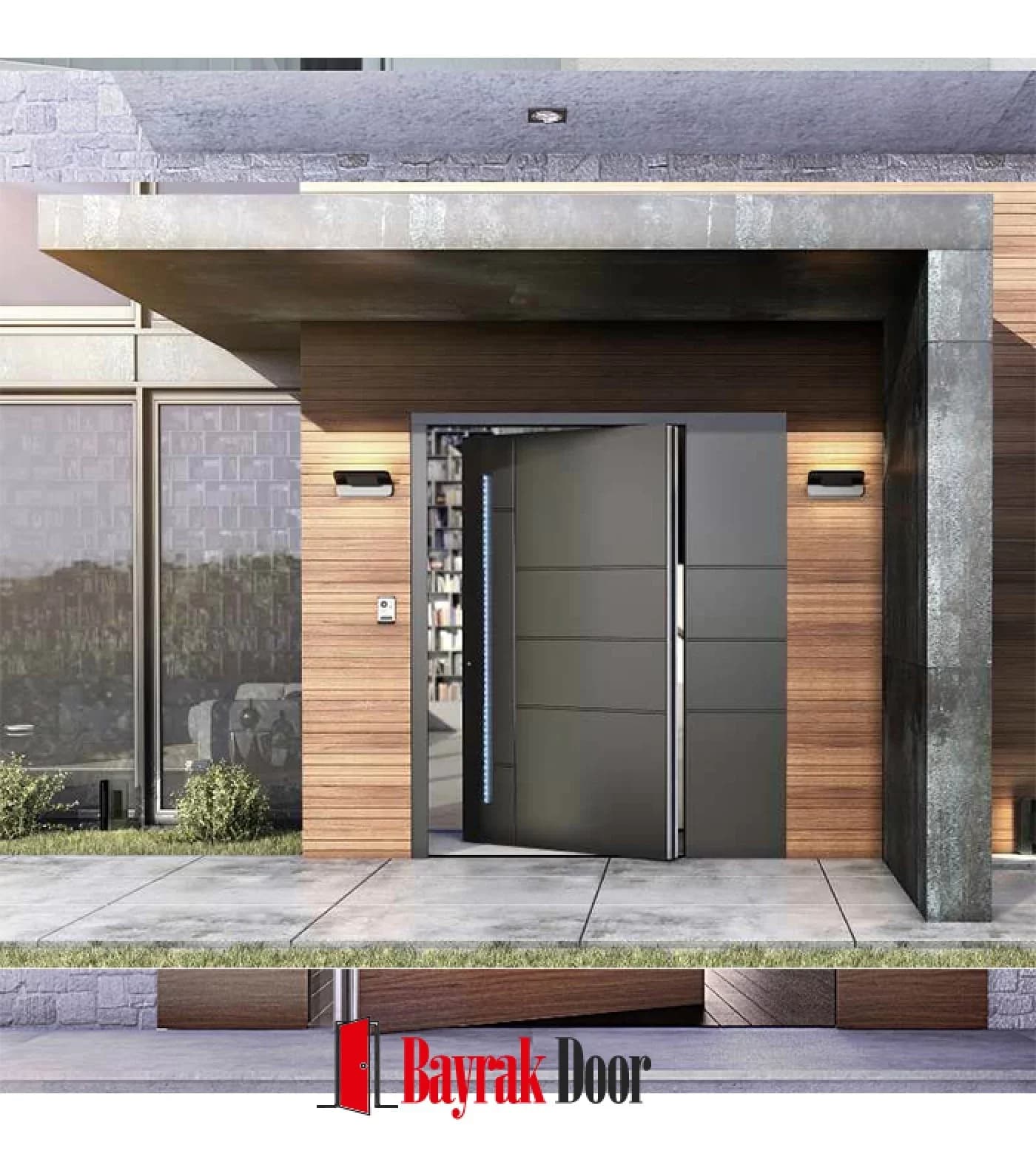 Plain Anthracite Grey Pivot Steel Door TR344 — Anthracite pivot under a wooden eave, beside a narrow LED-lit sidelight