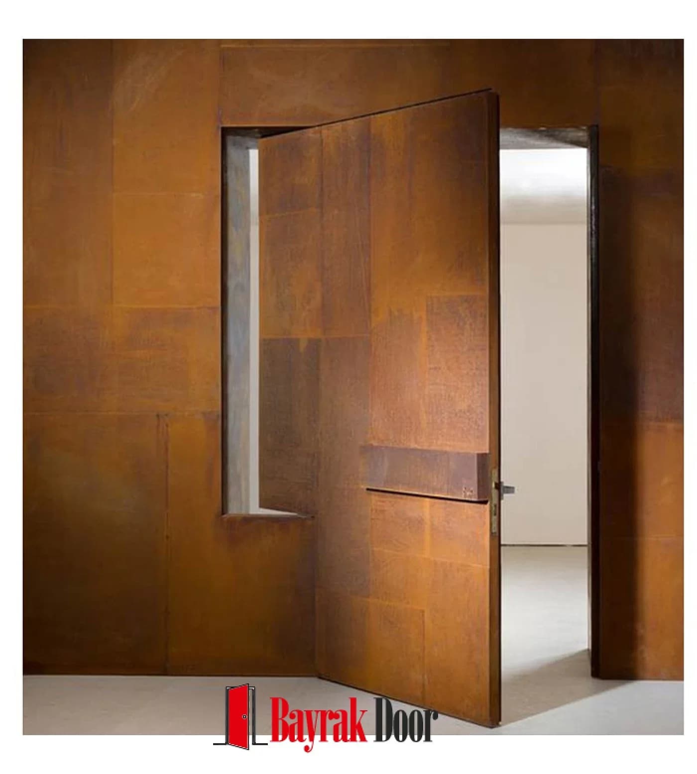 Plain Corten Pivot Steel Door TR321 — Rust-toned Corten metal pivot with a wide vertical slot handle recessed into the leaf