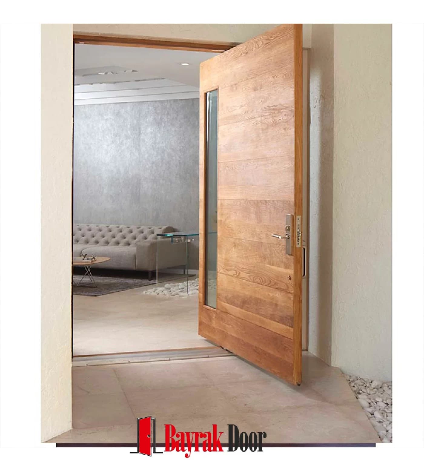 Plain Honey-Toned Wood Pivot Steel Door TR329 — Plain honey-toned pivot leaf with a narrow vertical glass strip along the edge