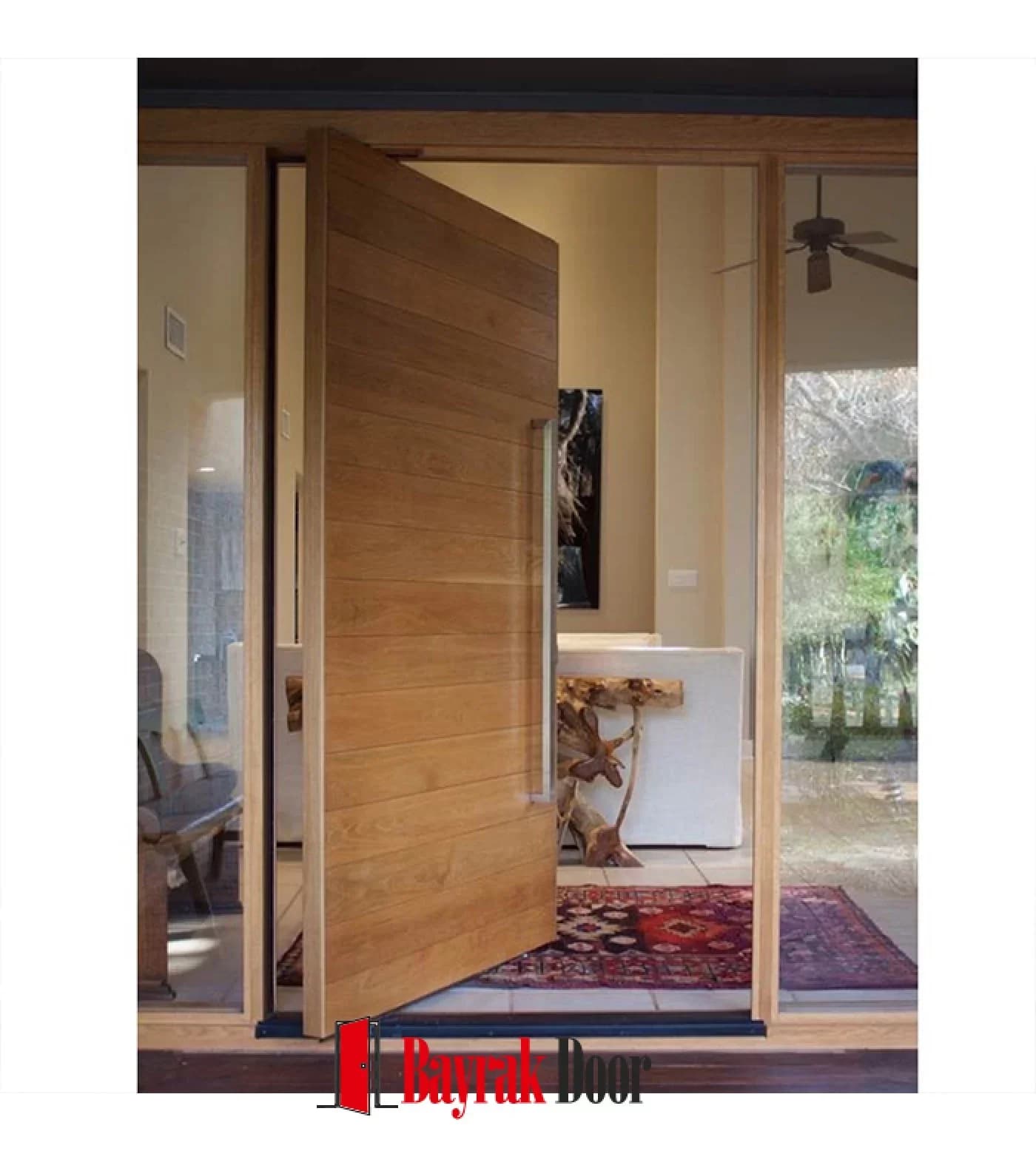 Plain Light Oak Pivot Steel Door TR316 — Flat-surfaced light oak pivot leaf with a slim, long stainless steel handle