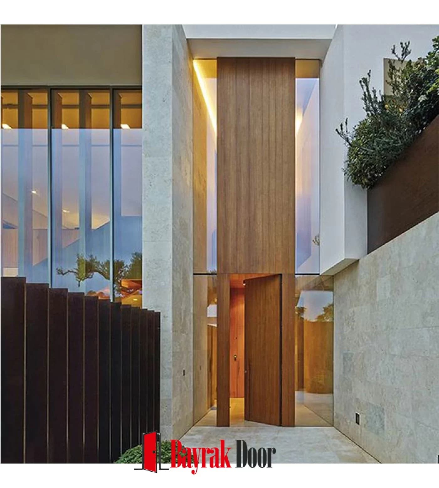 Plain Light Wood Pivot Steel Door TR309 — Narrow, very tall light wood pivot leaf between stone and glass facades