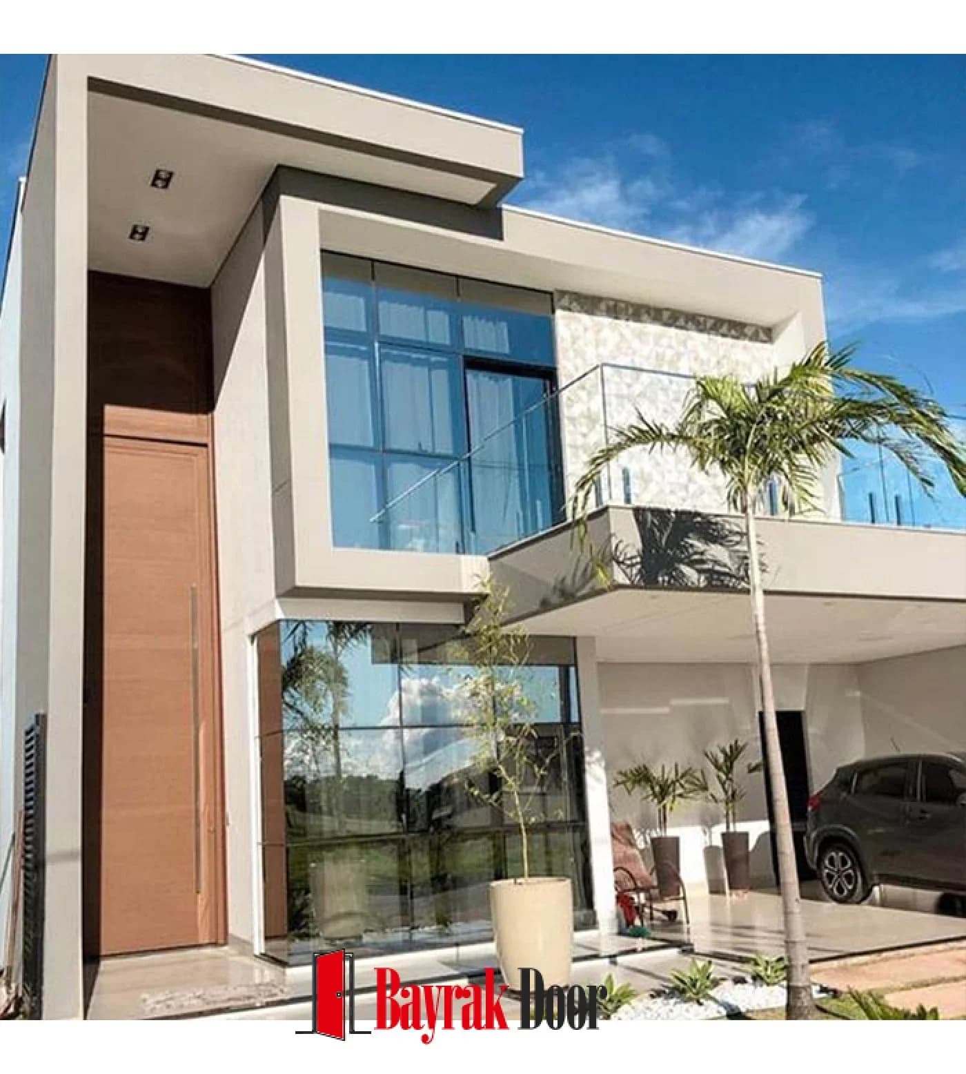 Plain Light Wood Pivot Steel Door TR336 — Plain light wood pivot leaf on a modern villa facade
