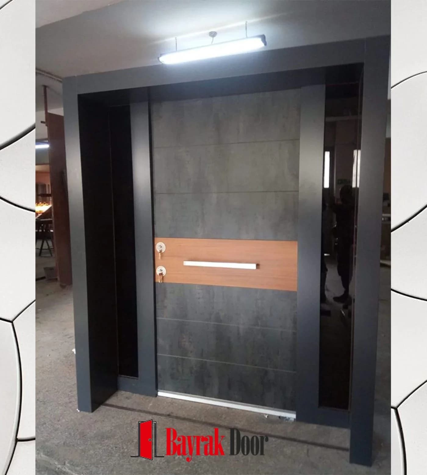 Concrete Texture Grey Villa Door BD-TR111 — Horizontal wood band cutting across a concrete-textured grey face with a recessed handle