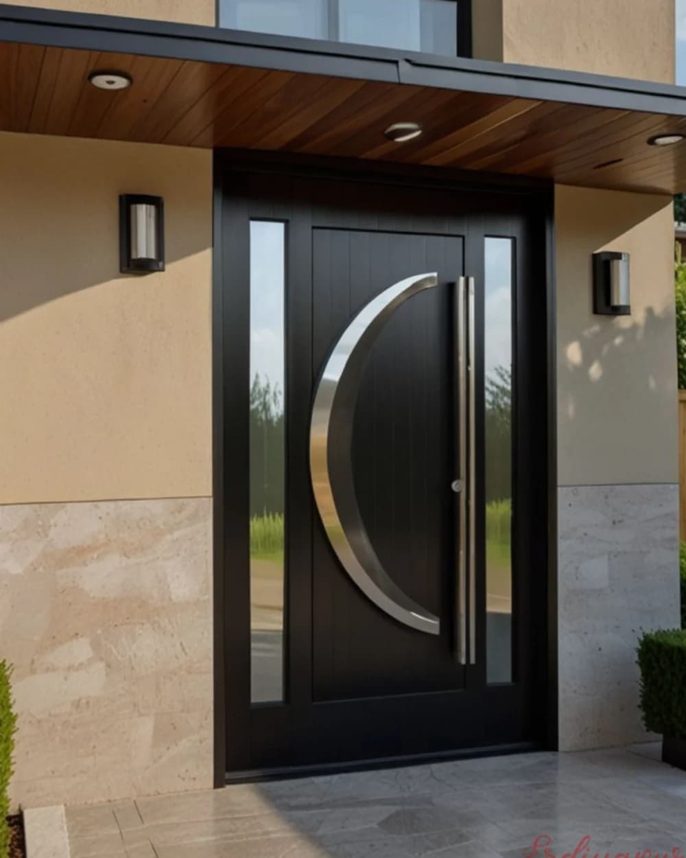 Black Pivot Door with Crescent-Shaped Glass — product code BY-47