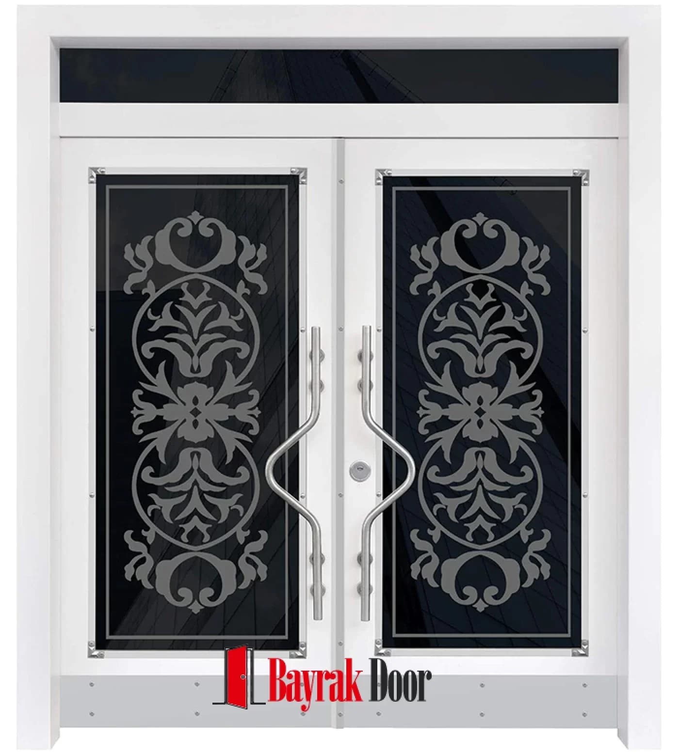 Damask Motif White Building Entrance Door TR528 — Silver damask motif over black glass on a white body with a curved stainless steel handle
