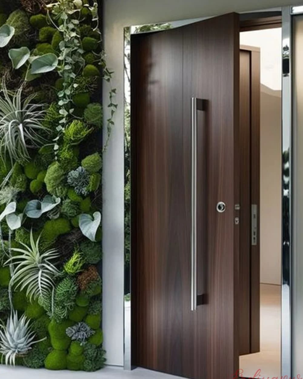 Dark Walnut Pivot Door at an Entrance with a Living Plant Wall — product code BY-299