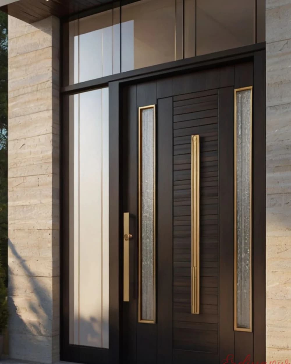 Dark Walnut Pivot Door with Gold Handle and Sidelight — product code BY-44