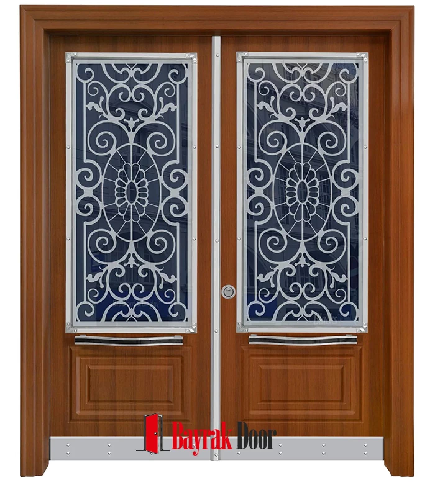 Dense Baroque Honey-Toned Walnut Building Entrance Door TR516 — Dense white wrought iron work over navy blue glass on a honey-toned walnut body