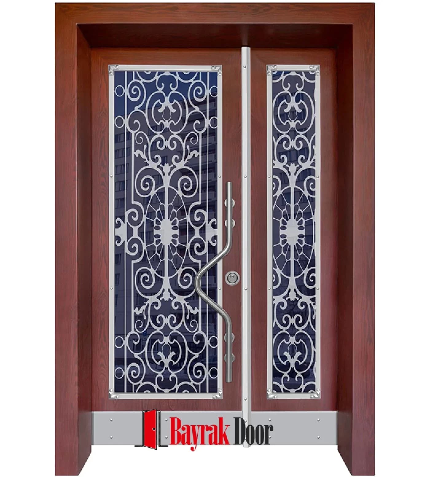 Dense Baroque Red-Brown Building Entrance Door TR532 — Large windows worked with dense white wrought iron scrolls on a red-brown body