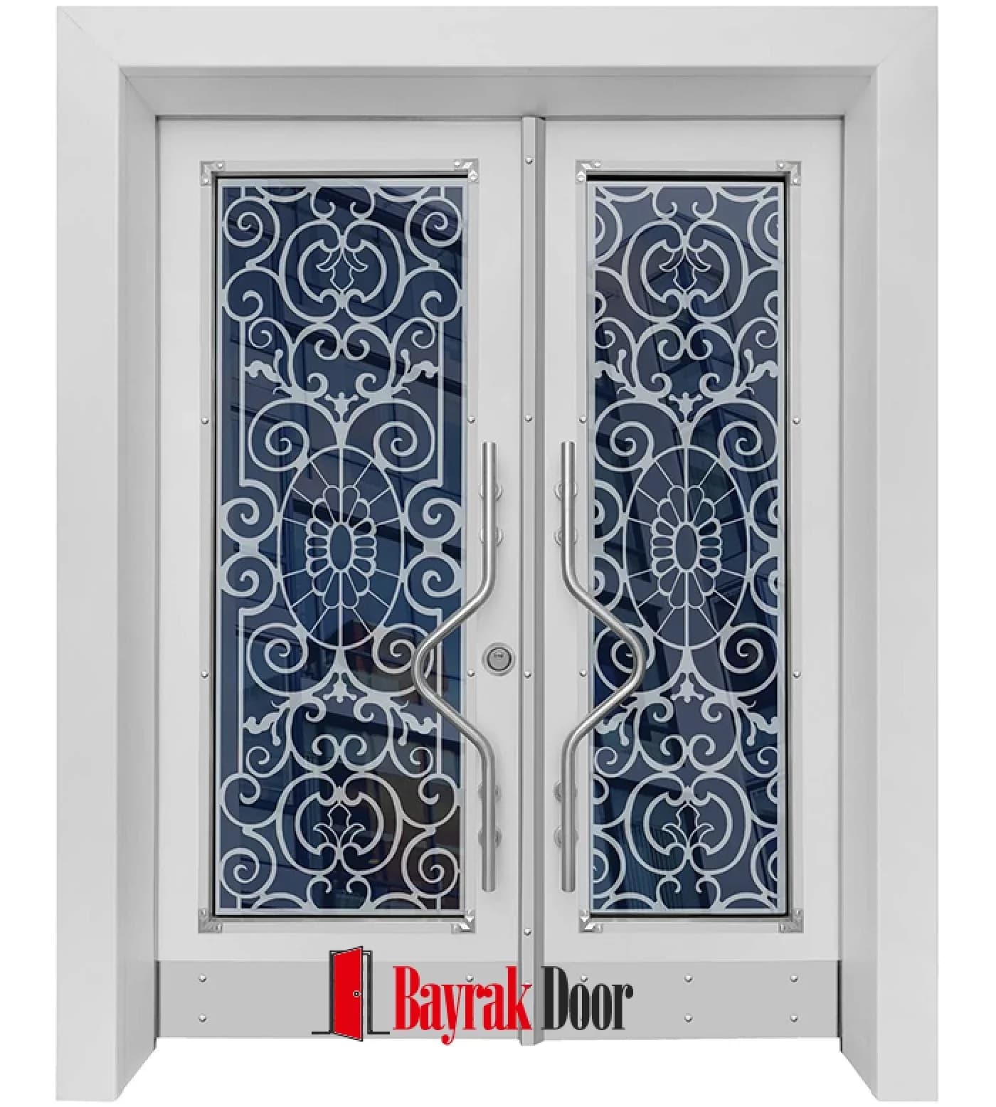 Dense Baroque White Building Entrance Door TR537 — Dense silver wrought iron scrolls over navy blue glass on a white body