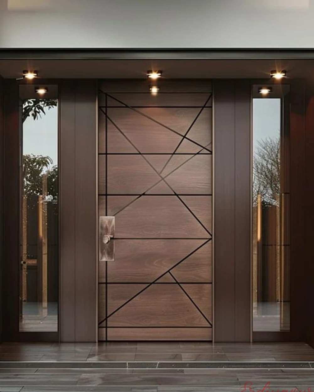Walnut Pivot Door with Diagonal Lattice and Sidelight — product code BY-156