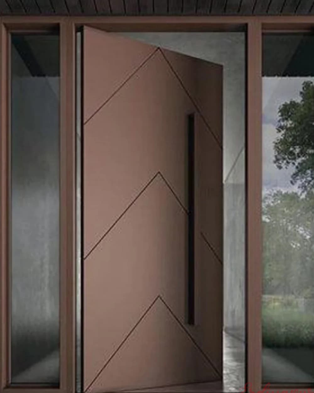 Mink Pivot Door with Diagonal Lines and Sidelight — product code BY-118