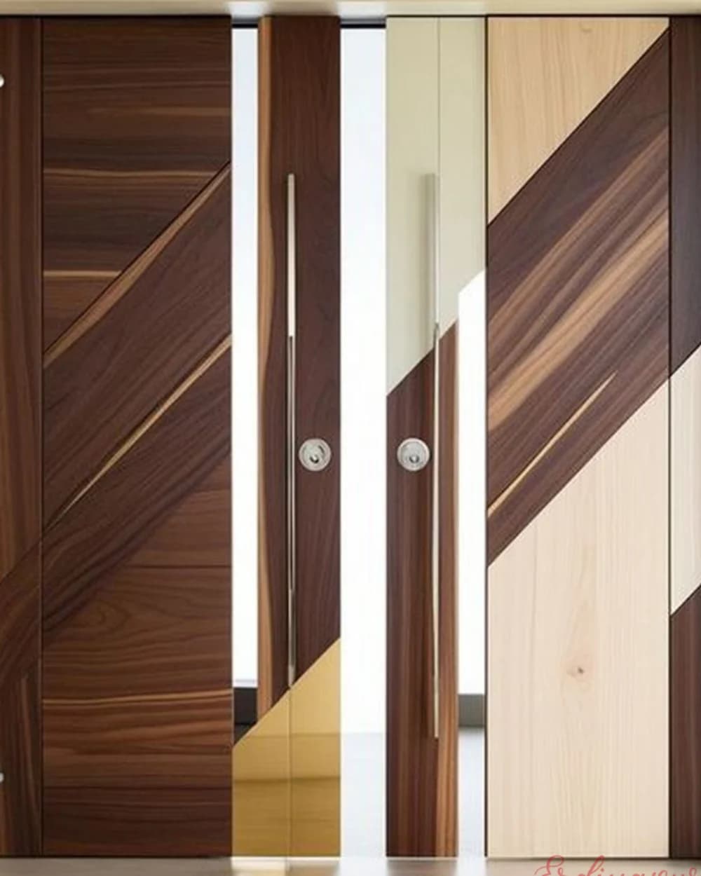 Walnut and Cream Double Leaf Pivot Door with Diagonal Panels — product code BY-302