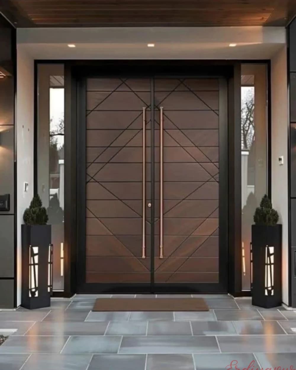 Diagonal Pattern Dark Walnut Double Leaf Pivot Door — product code BY-8