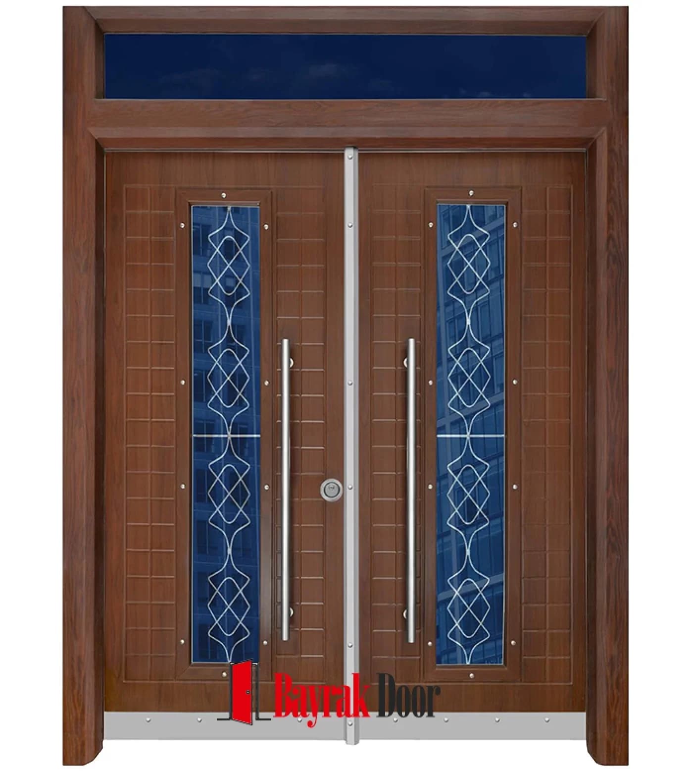 Diamond Geometric Walnut Wood Building Entrance Door TR502 — Blue glass and a diamond-patterned wrought iron grille on a walnut body with a wide transom above