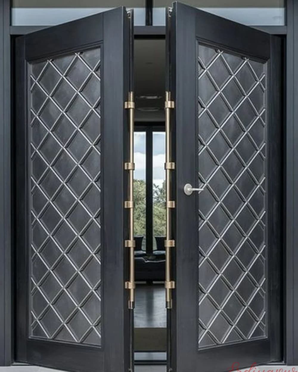 Black Double-Leaf Pivot Door with Diamond Lattice — product code BY-166