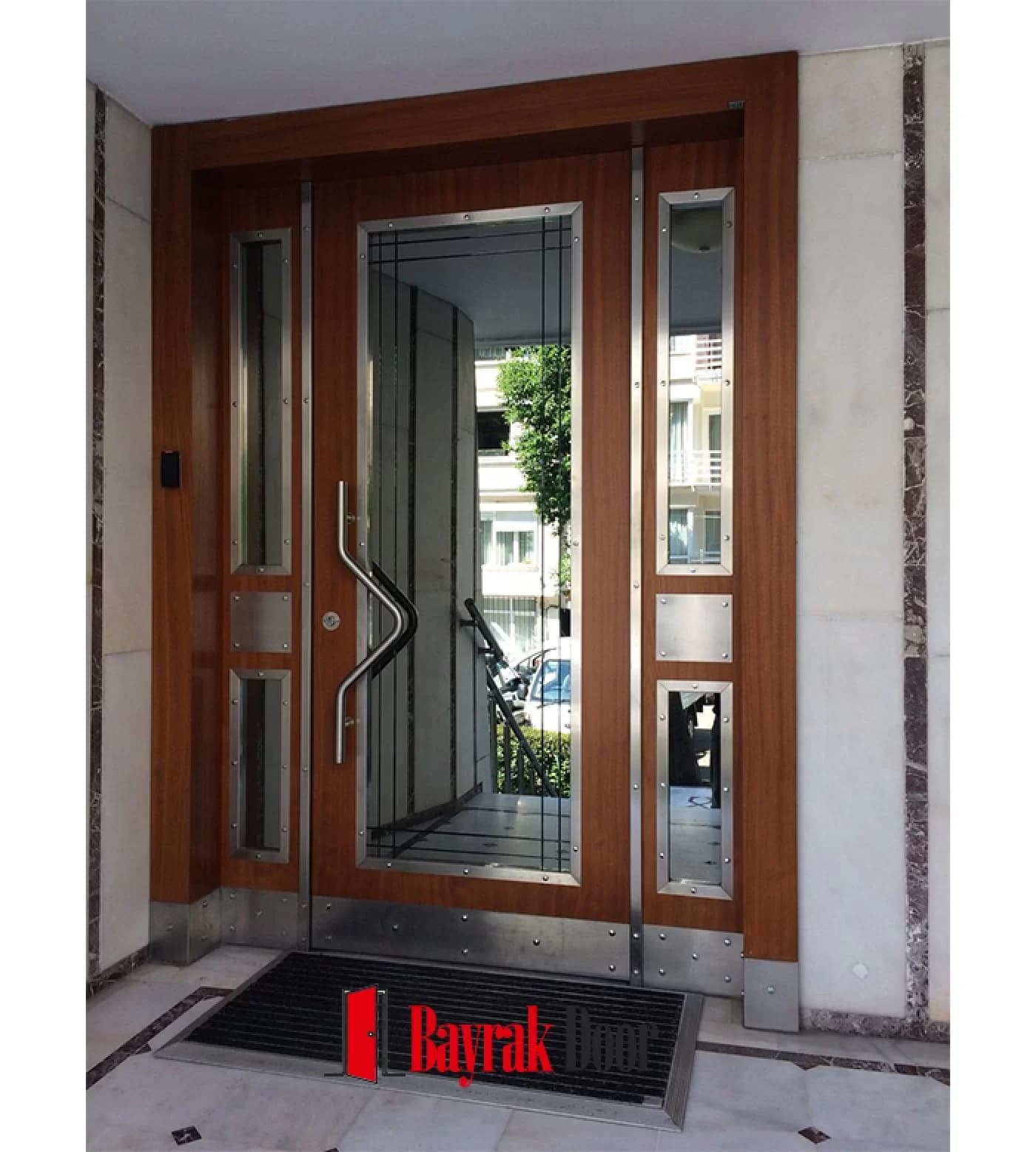 Divided Glass Walnut Wood Building Entrance Door TR527 — Building entrance with multi-pane glass geometry on a walnut body