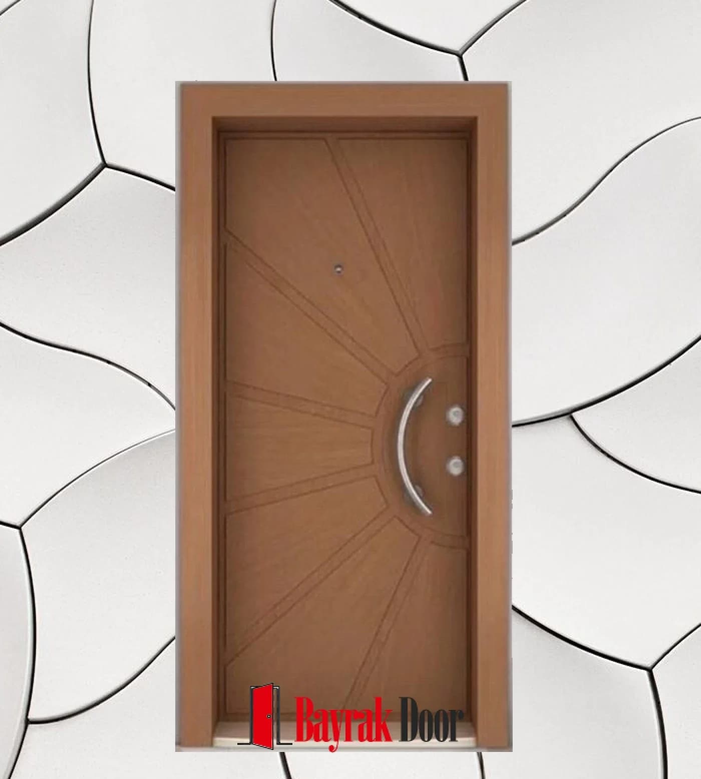 Fanning Sunburst Honey-Toned Oak Steel Door C-TR714 — Sunburst lines fanning out across honey-toned oak