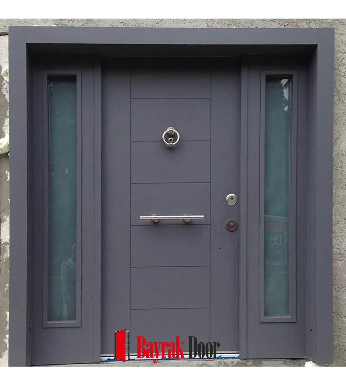 Fine Horizontal Anthracite Grey Building Entrance Door TR526 — Plain anthracite grey body with fine horizontal lines and two narrow vertical sidelights
