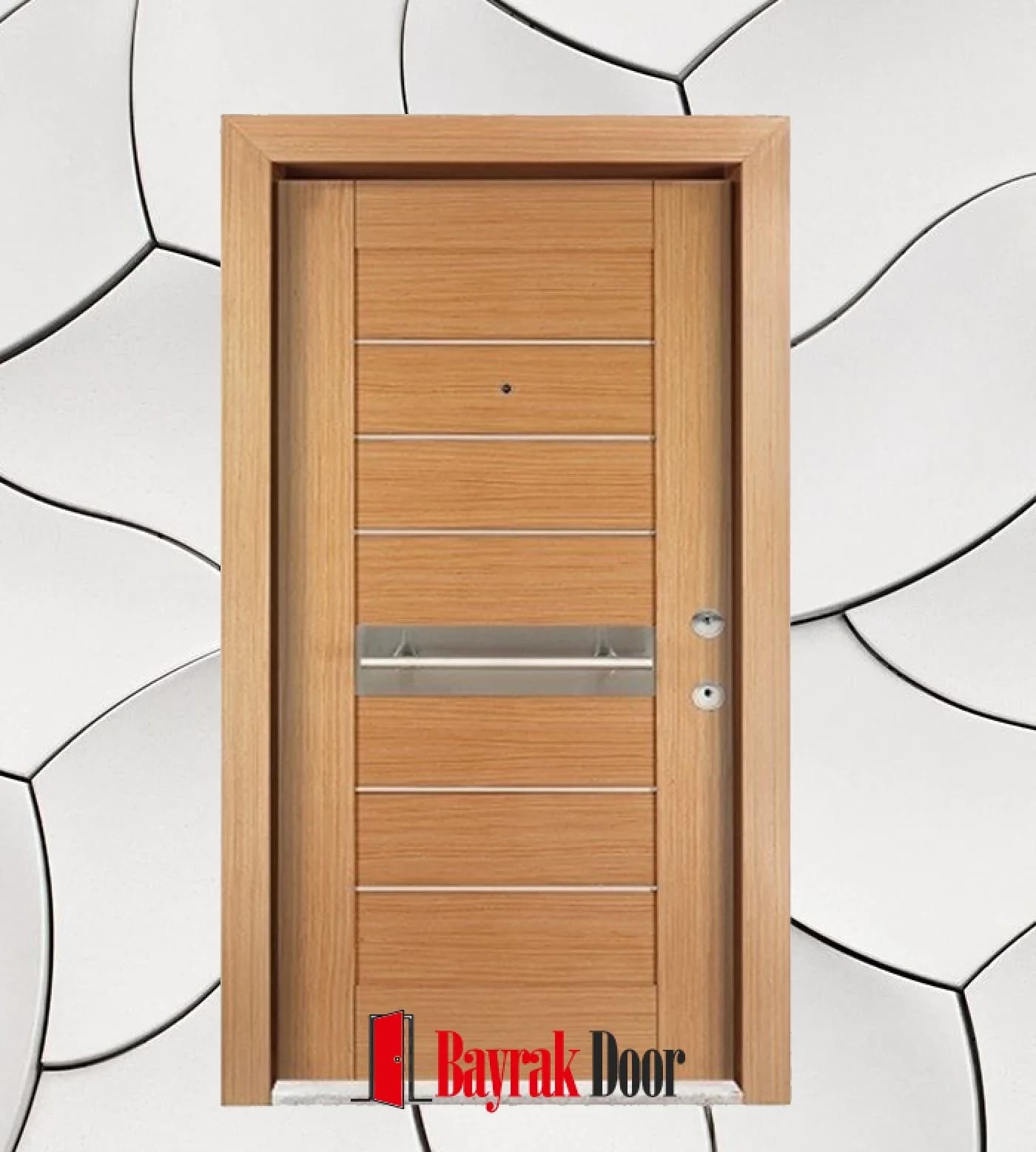 Fine Horizontal Light Oak Steel Door C-TR701 — Plain light oak face with fine horizontal lines and a wide stainless steel band across the center
