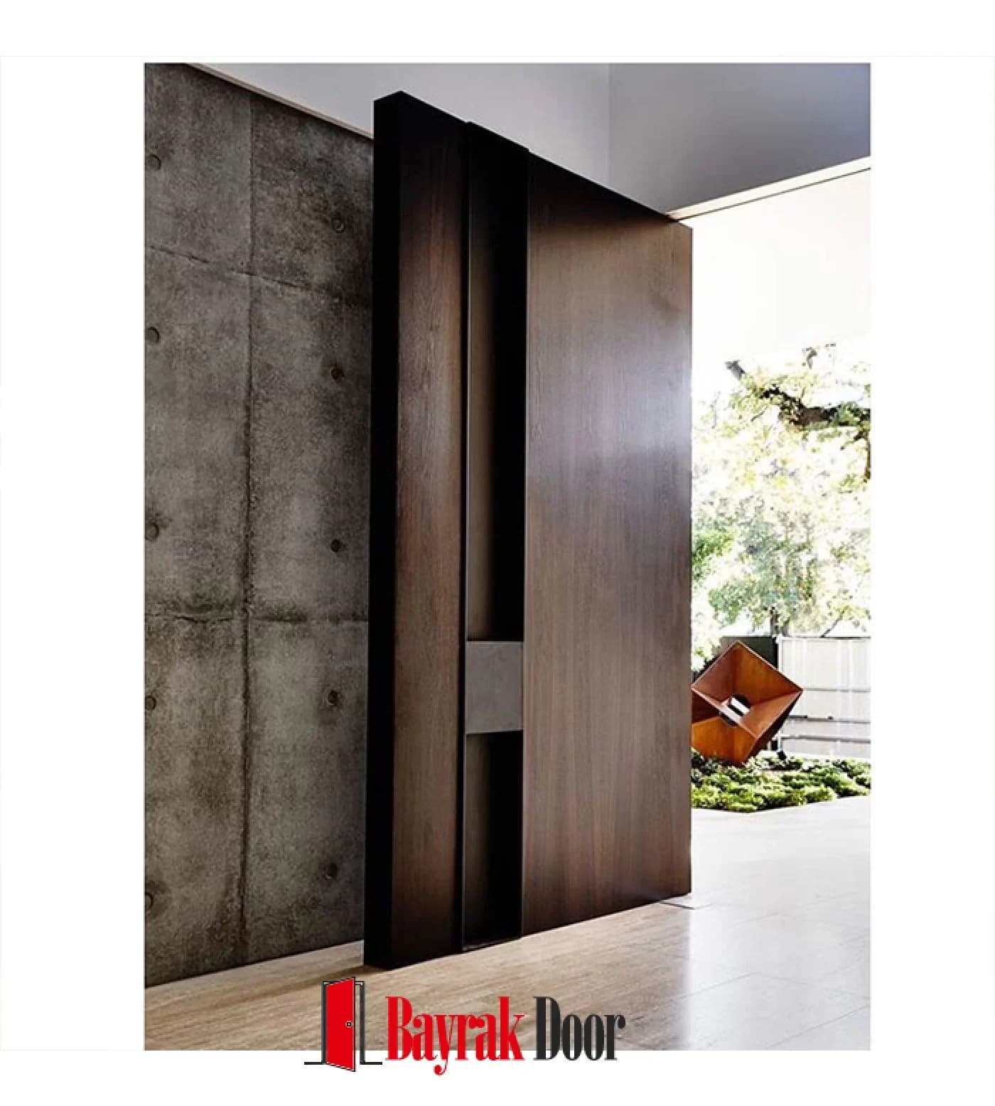 Fine Vertical Groove Dark Walnut Pivot Steel Door TR312 — Vertically grooved dark walnut pivot in front of a concrete facade, with a horizontal stainless steel band