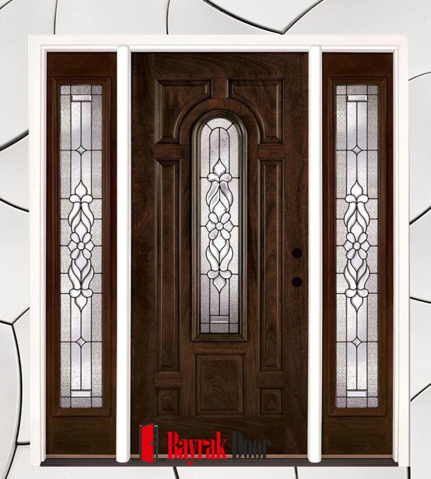 Floral Motif Dark Walnut Villa Door BD-TR19 — Dark walnut body with arched leaded stained glass and floral motif sidelights