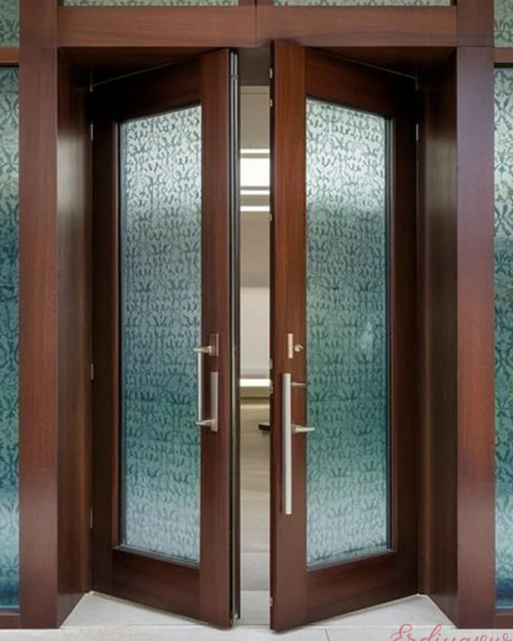 Red Walnut Double Leaf Pivot Door with Frosted Glass — product code BY-290