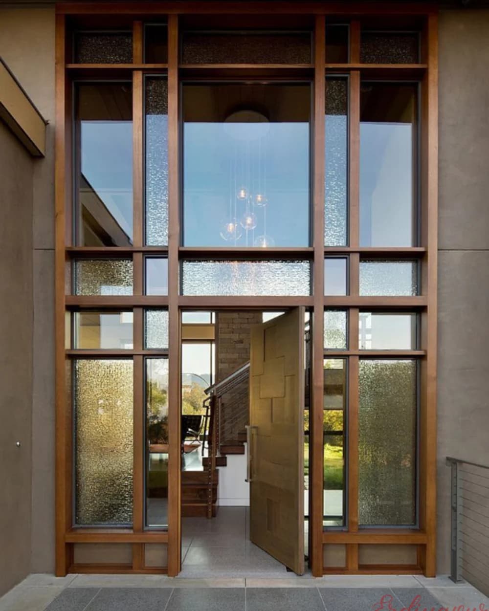 Double-Leaf Pivot Door with Full-Height Glass and Wooden Frame — product code BY-80