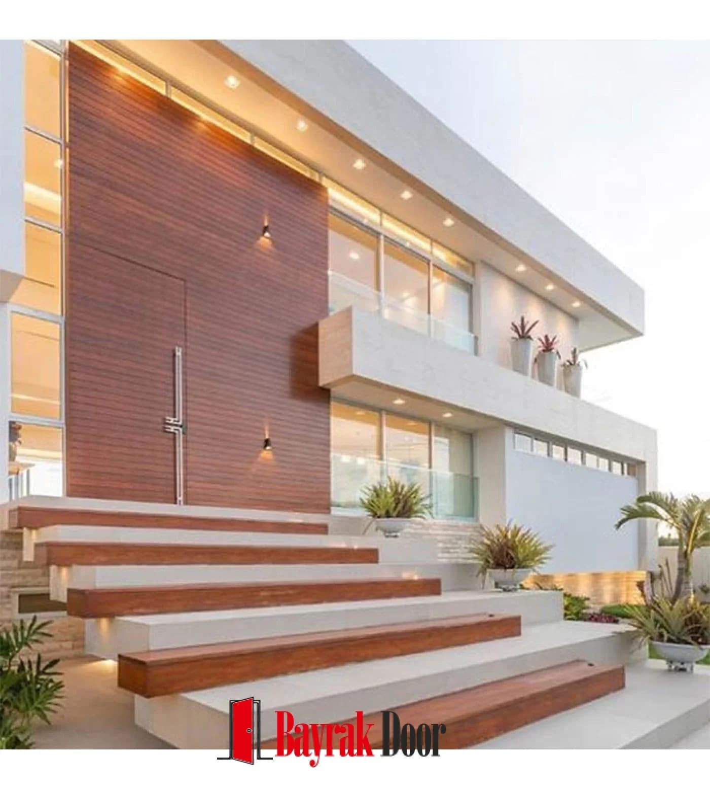 Full-Height Red Wood Pivot Steel Door TR330 — Full-height red wood pivot panel recessed into a modern villa facade
