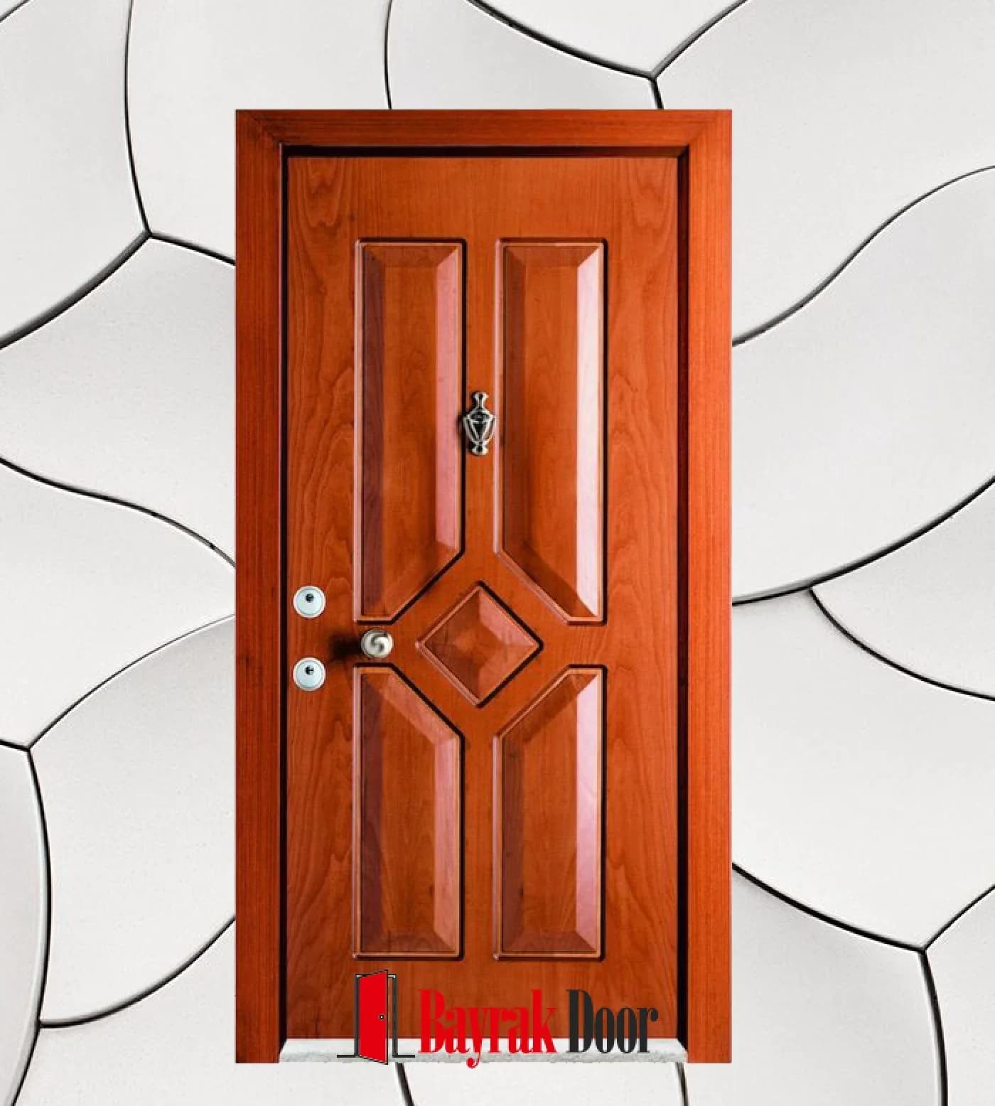 Diamond Geometry Orange Red Walnut Steel Door C-TR730 — Centered diamond geometry on a glossy orange walnut face