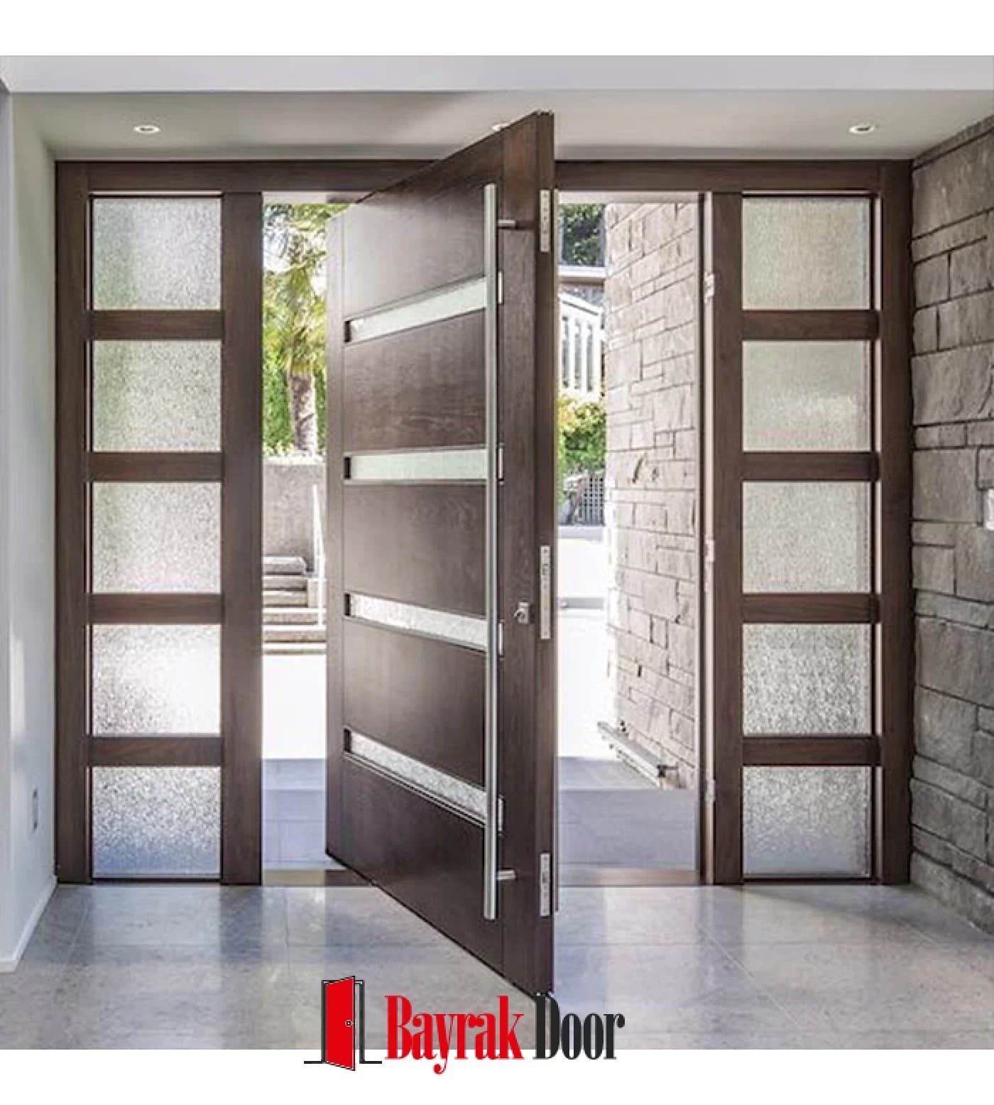 Glass and Wood Dark Walnut Pivot Steel Door TR319 — Dark walnut body with horizontal frosted glass strips and divided frosted side panels