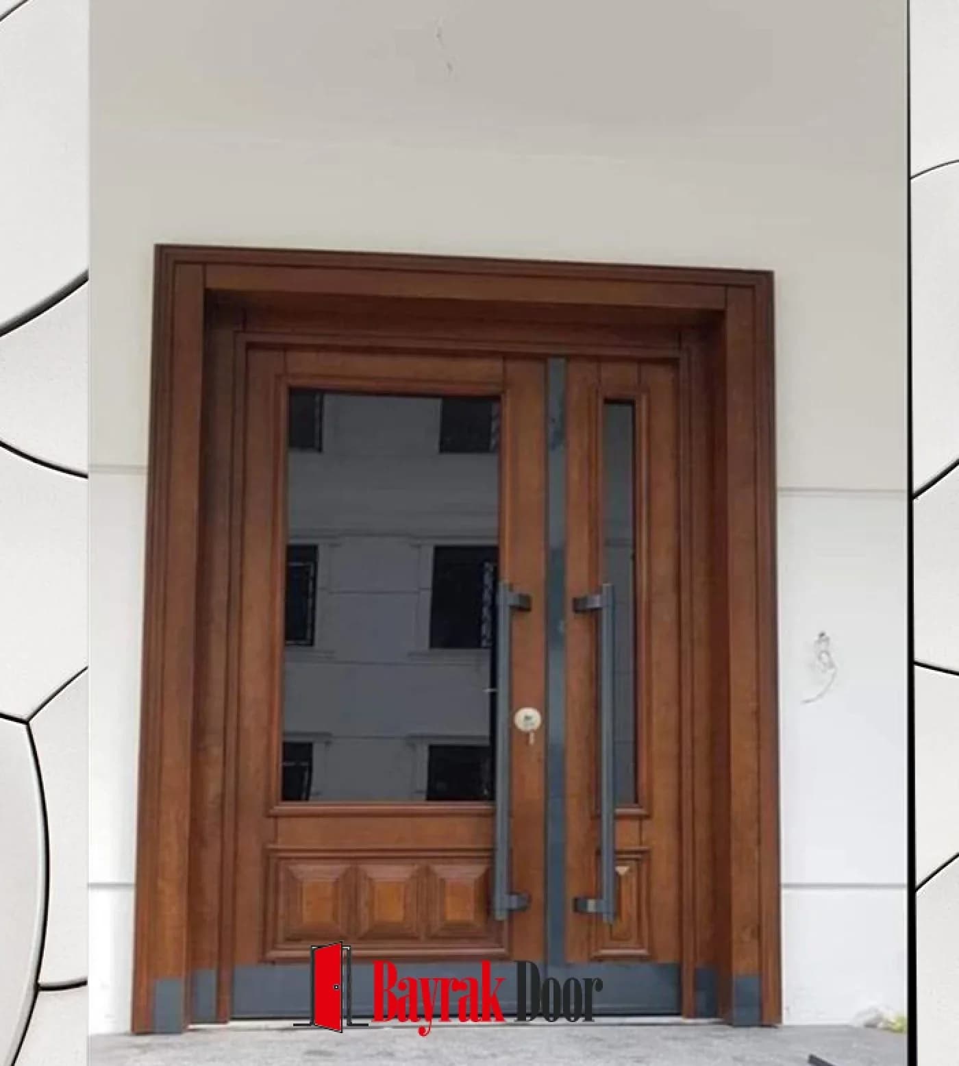 Glass Above Honey-Toned Walnut Villa Door BD-TR114 — Honey-toned walnut leaf glazed at the top and carved paneled below
