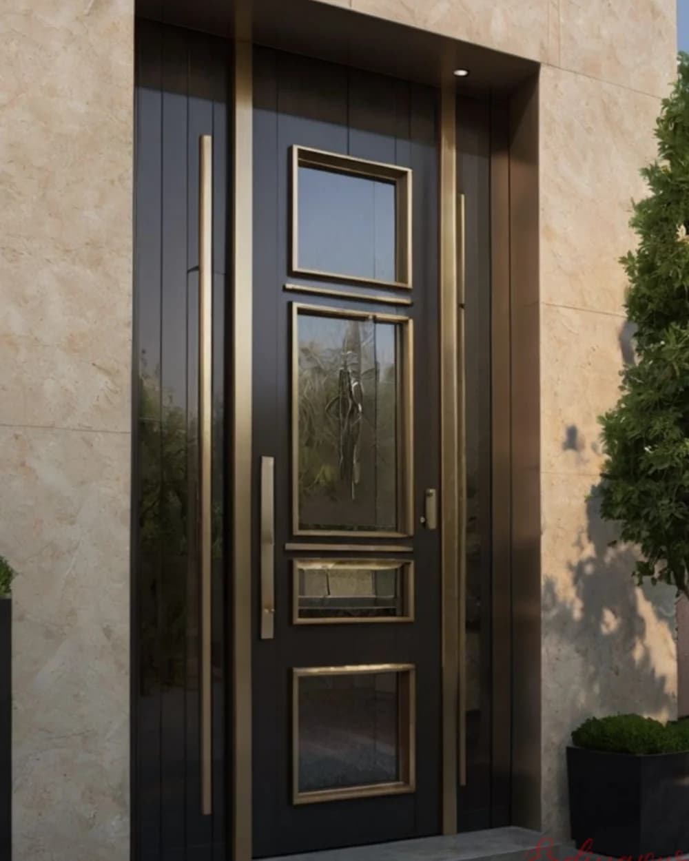 Black Pivot Villa Door with Gold-Framed Glass — product code BY-43