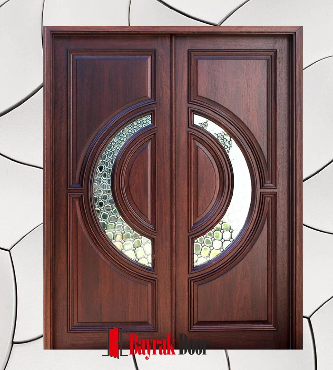 Large Circle Red Walnut Villa Door BD-TR07 — Large circle composition spanning both leaves with green-toned stained glass