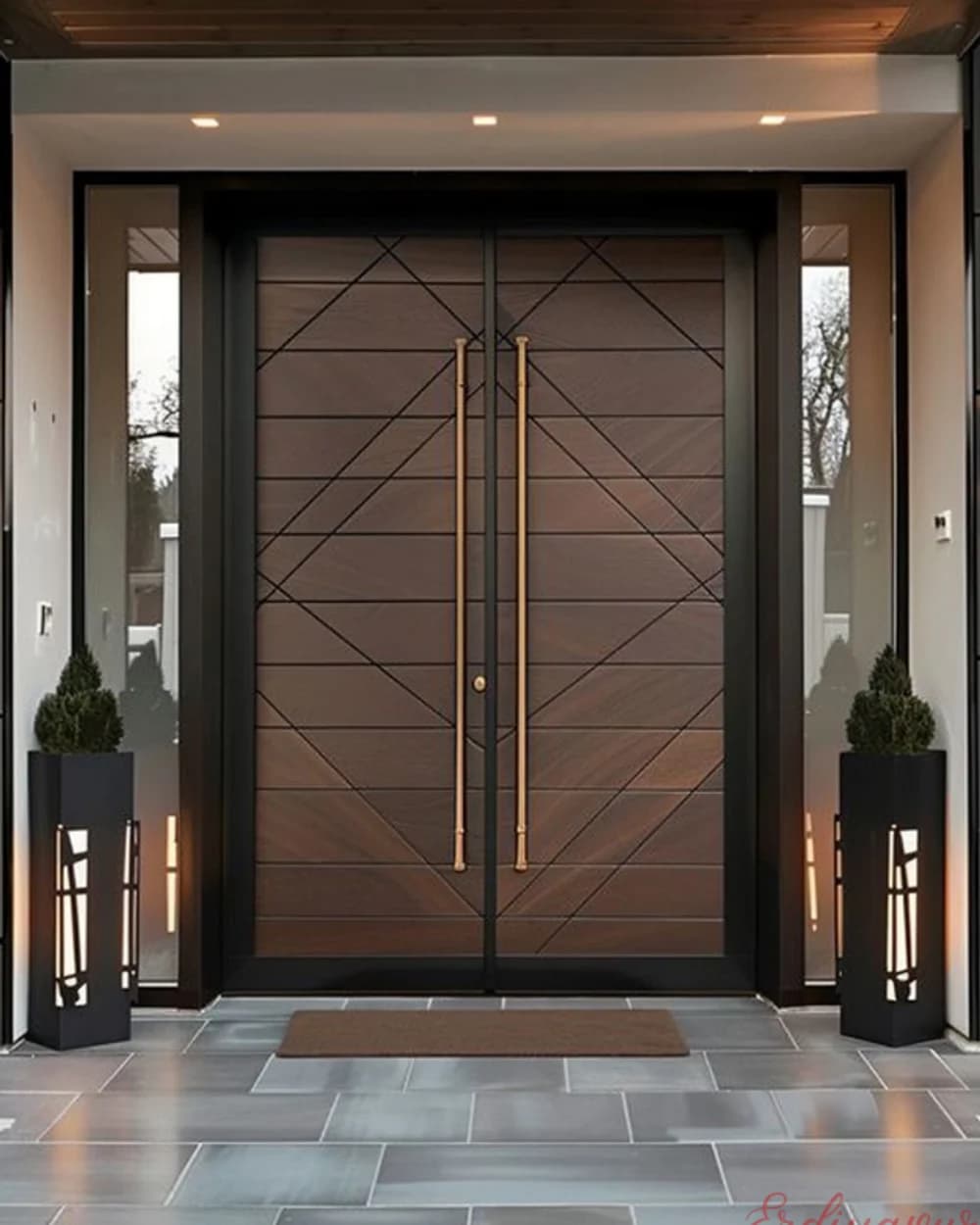 Herringbone Walnut Double-Leaf Pivot Door with Gold Handles — product code BY-163